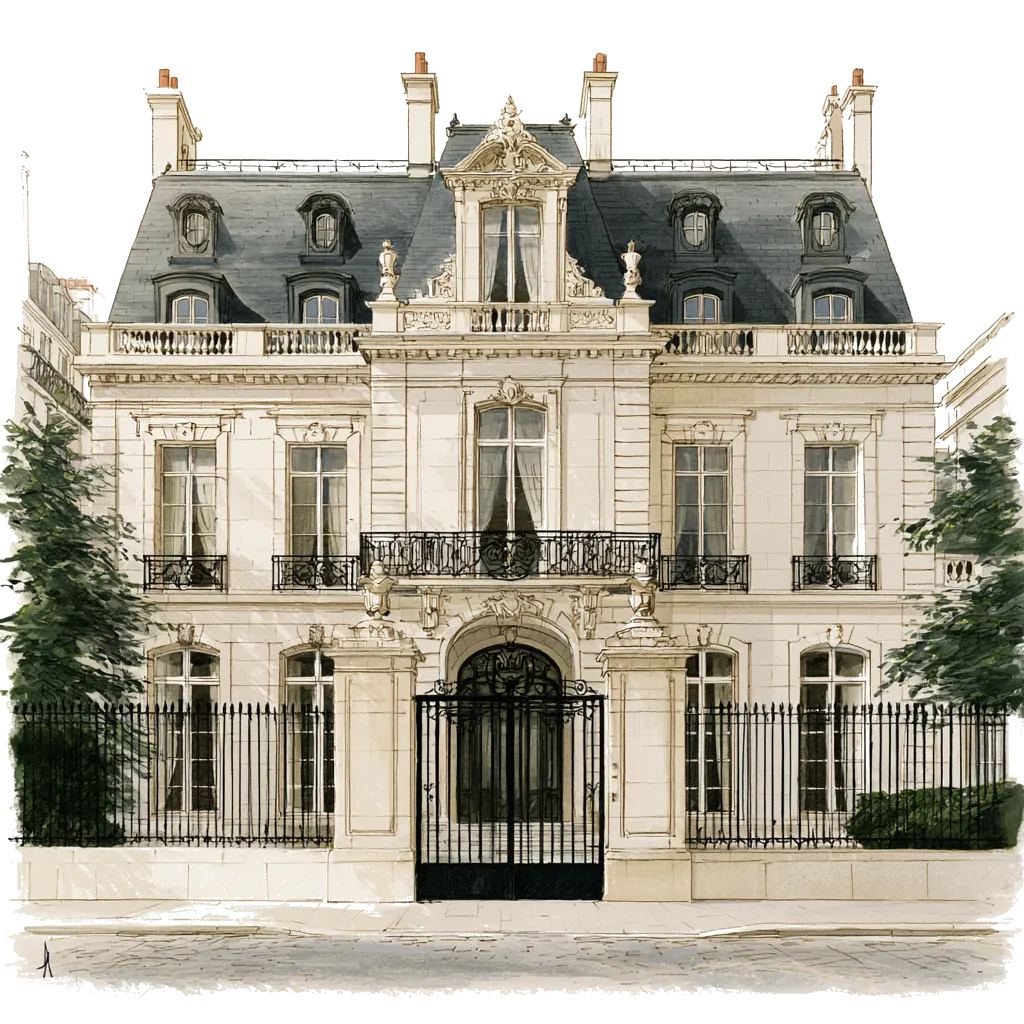 Dessin à l'encre et à l'aquarelle d'un hôtel particulier haussmannien, vu de face : façade de pierre de taille, toiture mansardée, balcons en ferronnerie et grille d'entrée.